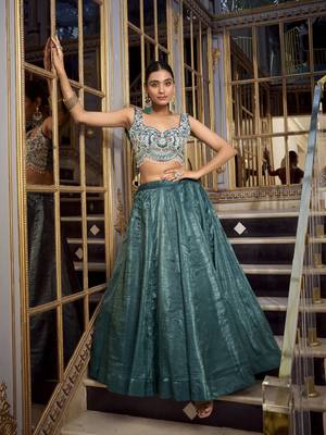 Teal Gold Crush Sequins and Thread Embroidery Work Lehenga set with choli and dupatta 1