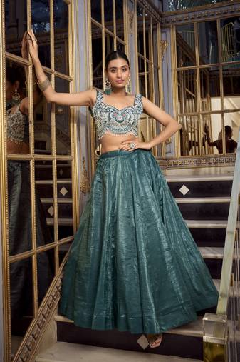 Teal Gold Crush Sequins and Thread Embroidery Work Unstitched Lehenga Choli