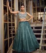 Teal Gold Crush Sequins and Thread Embroidery Work Lehenga set with choli and dupatta
