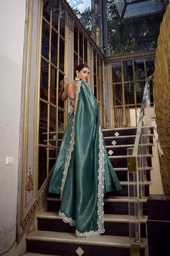 Teal Gold Crush Sequins and Thread Embroidery Work Lehenga set with choli and dupatta