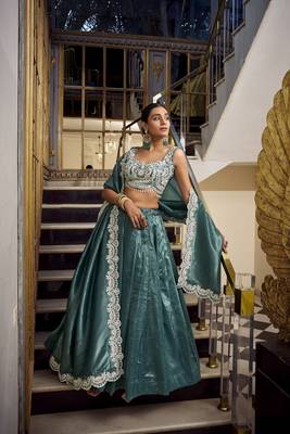 Teal Gold Crush Sequins and Thread Embroidery Work Lehenga set with choli and dupatta 3