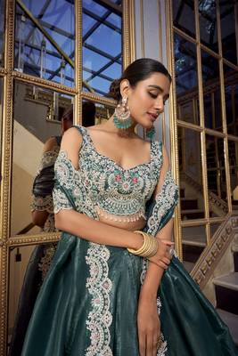 Teal Gold Crush Sequins and Thread Embroidery Work Lehenga set with choli and dupatta 4