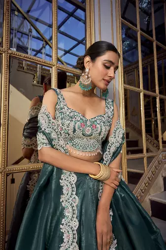 Teal Gold Crush Sequins and Thread Embroidery Work Lehenga set with choli and dupatta