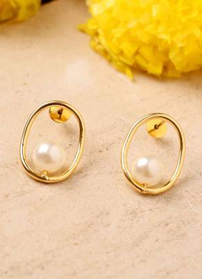 Gold Oval Earrings With Pearl Drop 4