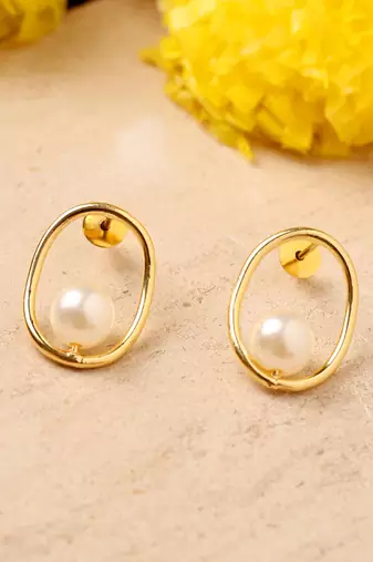 Gold Oval Earrings With Pearl Drop
