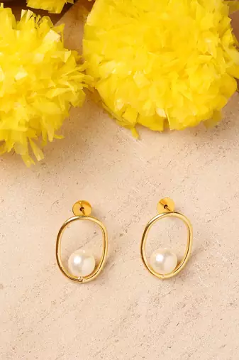 Gold Oval Earrings With Pearl Drop