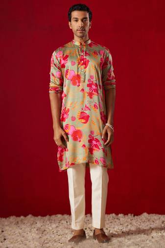  men's green cotton blend kurta pyjama set