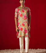  men's green cotton blend kurta pyjama set