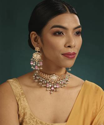 Pink kundan necklace set 1