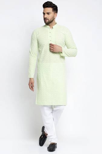 Green embellished cotton kurta pyjama set