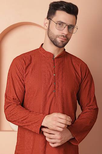 Brown embroidered pure cotton kurta pyjama set
