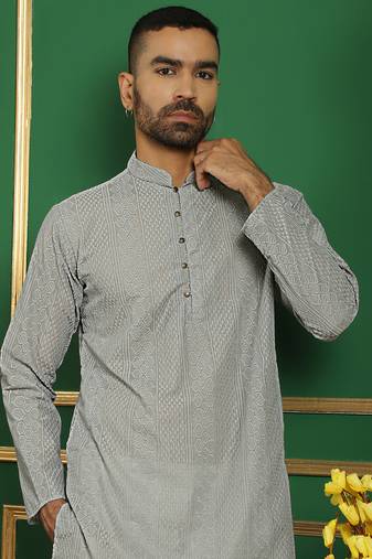 Grey embroidered pure cotton kurta pyjama set