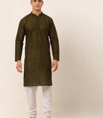 Olive green embroidery cotton kurta pyjama set