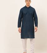 Teal blue embroidery cotton kurta pyjama set