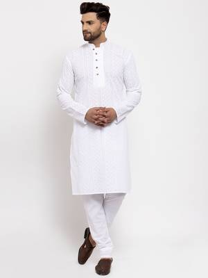White embroidery cotton kurta pyjama set 1