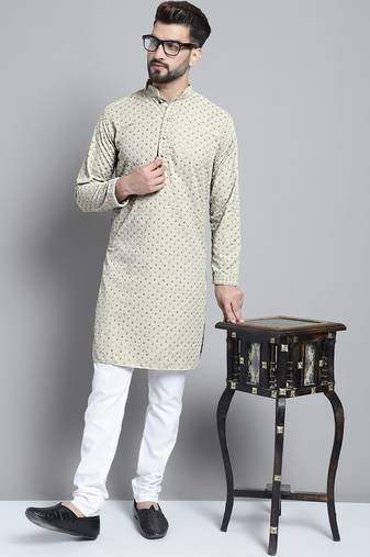 Beige embroidered pure cotton kurta pyjama set