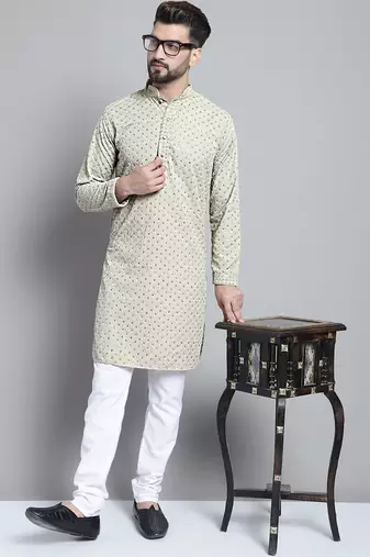 Beige embroidered pure cotton kurta pyjama set