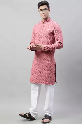 Coral embroidered pure cotton kurta pyjama set