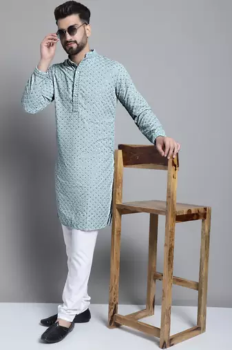 Blue embroidered pure cotton kurta pyjama set