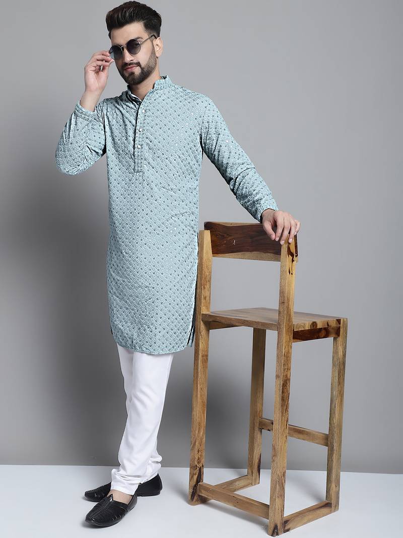 Blue embroidered pure cotton kurta pyjama set