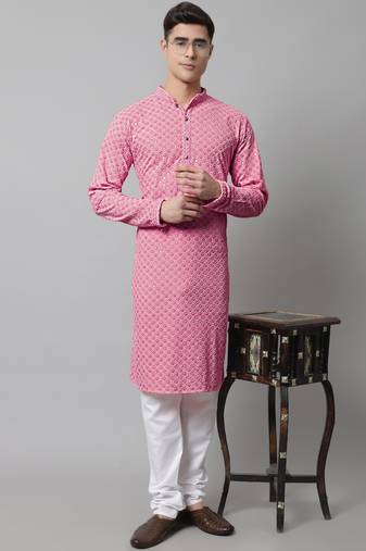 Pink embroidery pure cotton kurta pyjama set