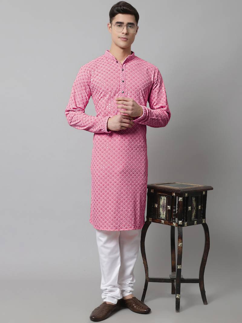 Pink embroidery pure cotton kurta pyjama set