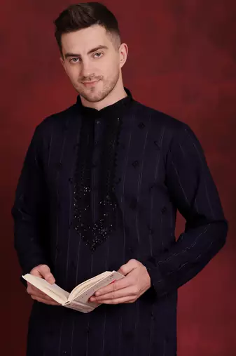 Navy embroidered viscose rayon kurta pyjama set