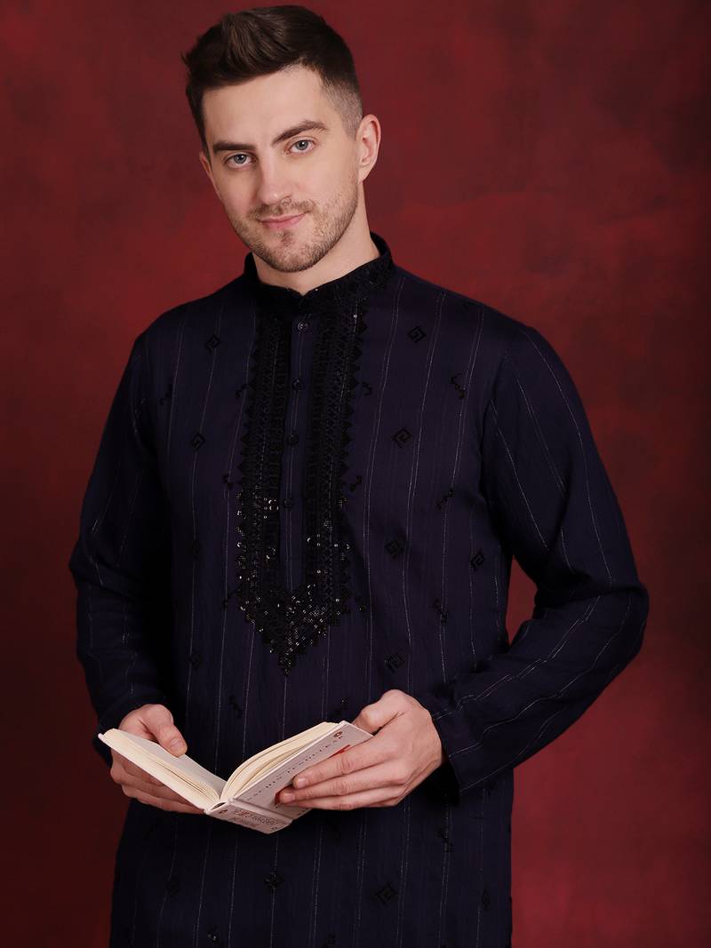 Navy embroidered viscose rayon kurta pyjama set