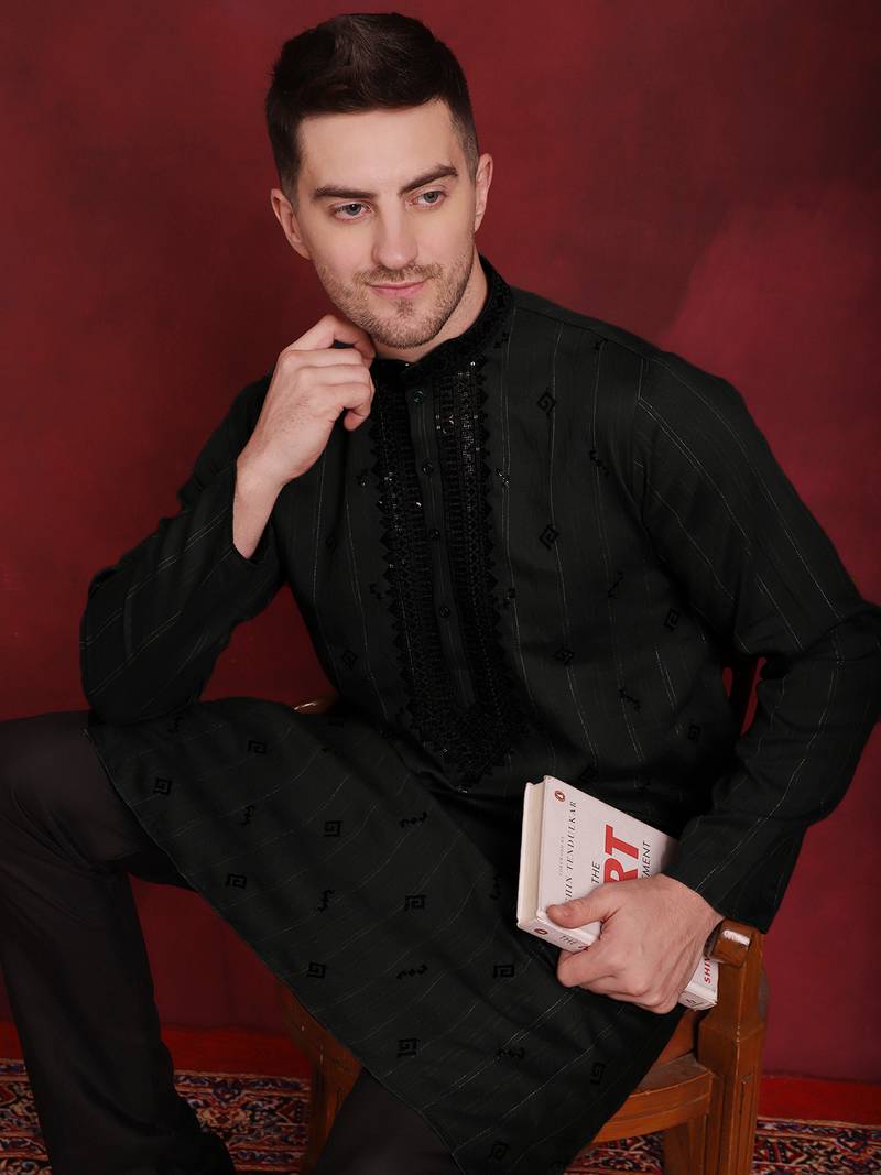 Olive embroidered viscose rayon kurta pyjama set