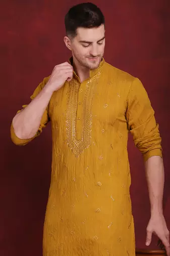Mustard embroidered viscose rayon kurta pyjama set