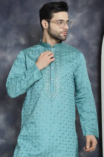 Blue embroidered silk blend kurta pyjama set