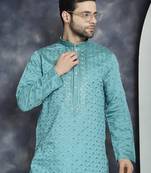 Blue embroidered silk blend kurta pyjama set
