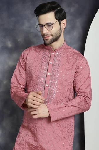 Coral embroidered silk blend kurta pyjama set