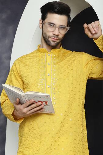 Mustard embroidered silk blend kurta pyjama set