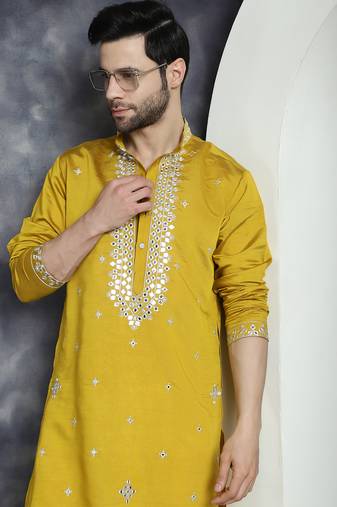 Mustard embroidered silk blend kurta pyjama set