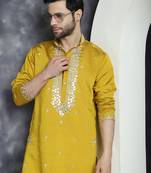 Mustard embroidered silk blend kurta pyjama set