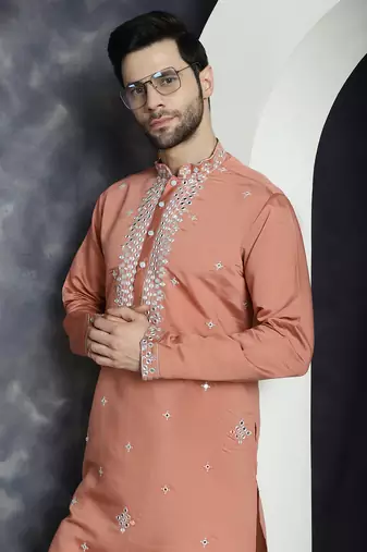 Peach embroidered silk blend kurta pyjama set
