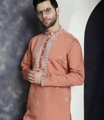 Peach embroidered silk blend kurta pyjama set