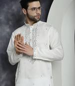 White embroidered silk blend kurta pyjama set