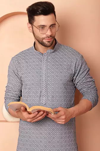 Grey embroidered rayon kurta pyjama set