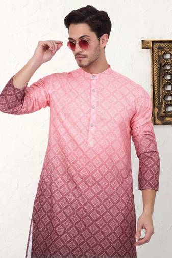 Coral printed cotton blend kurta pyjama set