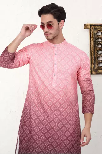Coral printed cotton blend kurta pyjama set
