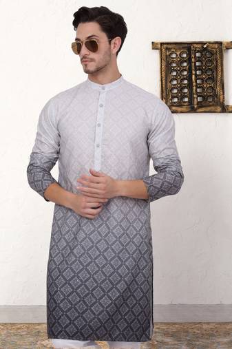 Grey printed cotton blend kurta pyjama set