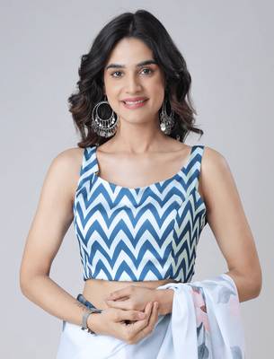 Icy blue freehand navy starburst & floral print Ready to Wear Saree with Unstitched Blouse 6