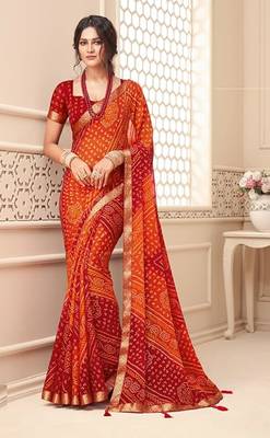 Red Chiffon Bandhej Printed Sari,Saree With Unstitched Blouse Piece 1
