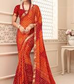 Red Chiffon Bandhej Printed Sari,Saree With Unstitched Blouse Piece