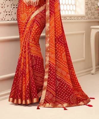 Red Chiffon Bandhej Printed Sari,Saree With Unstitched Blouse Piece 2