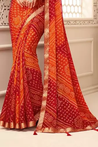 Red Chiffon Bandhej Printed Sari,Saree With Unstitched Blouse Piece