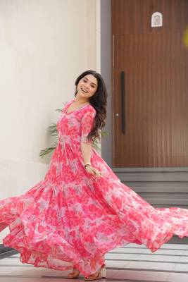 Peach georgette printed fully flared gown 1