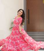 Peach georgette printed fully flared gown